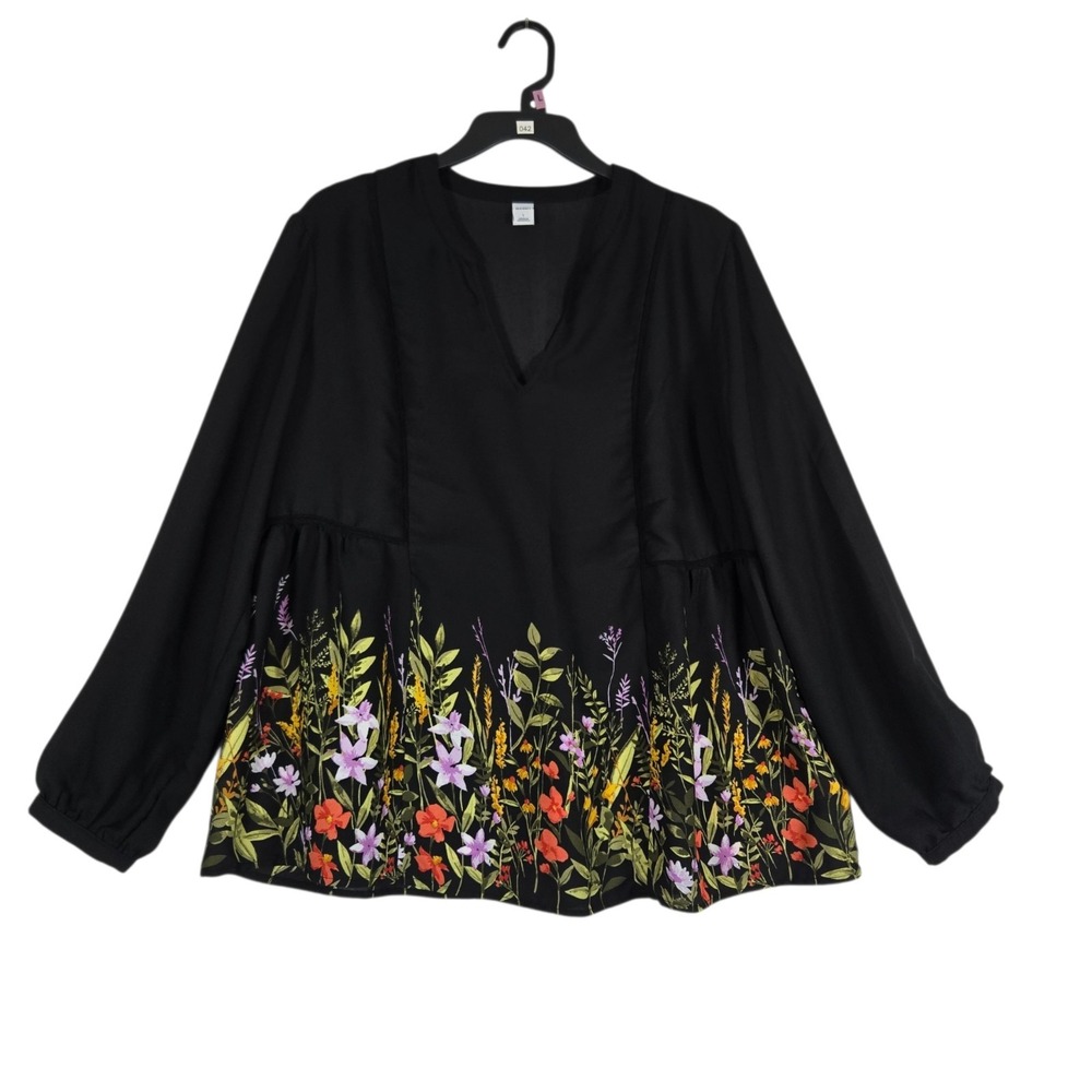 Old Navy Blouse Womens Large Black Floral Long Sleeve Notched Neck Pullover